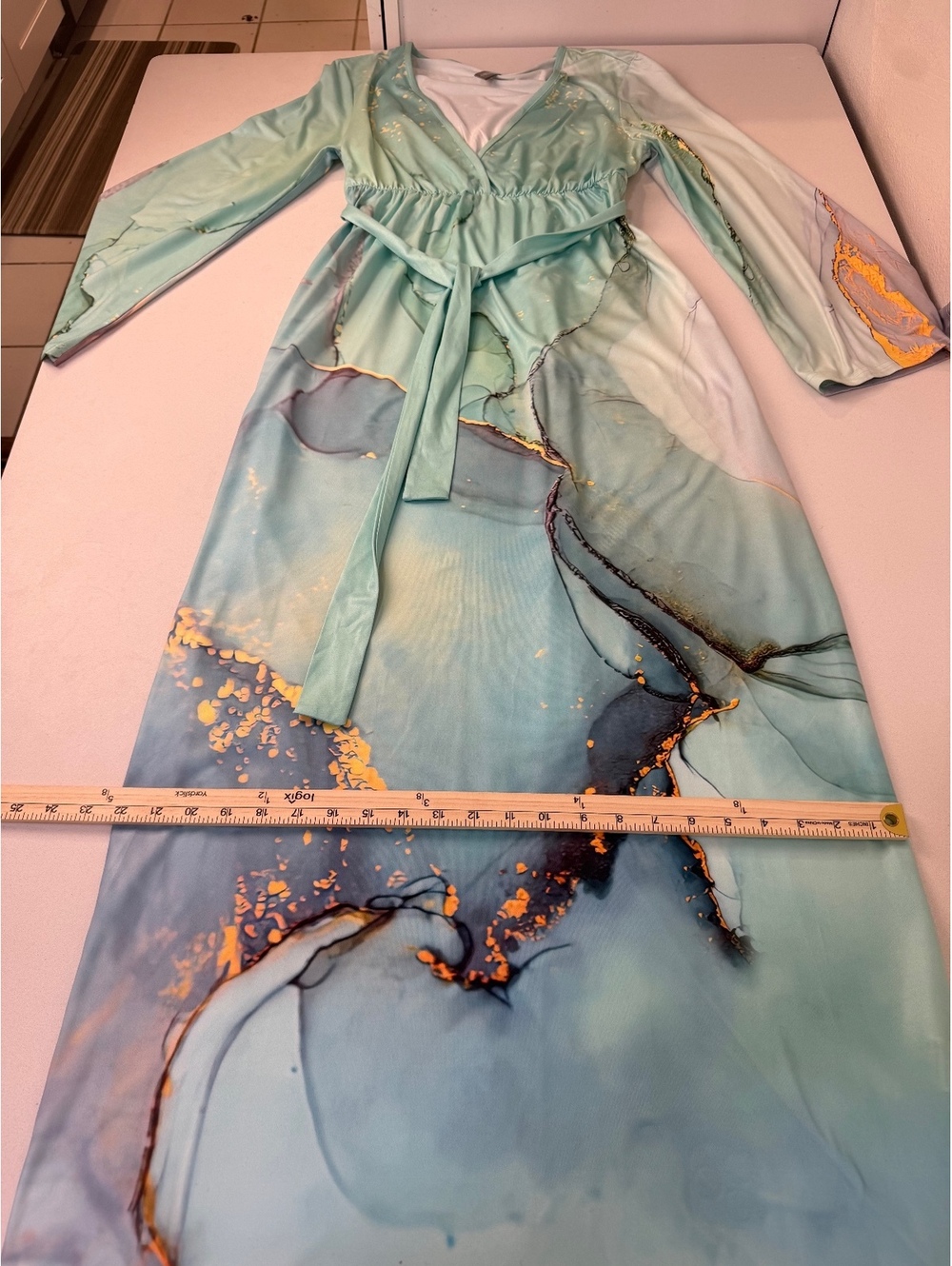 Long Sleeve Maxi Dress with Abstract Aqua and Gold Print - Picture 7 of 13